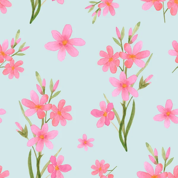 Akvarell blommig bakgrund. Akvarell sömlöst mönster med rosa vildblommor. En gren av blommor på blå bakgrund. — Stockfoto