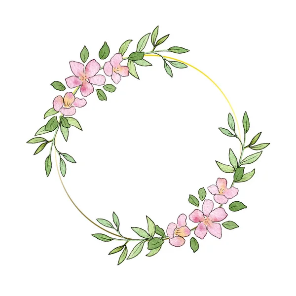 Υδατογραφία λουλούδια στρογγυλό πλαίσιο, κάρτα. Κάρτα πρόσκλησης με άνθη κερασιάς και κλαδί δέντρου. Κενό πρότυπο. — Φωτογραφία Αρχείου