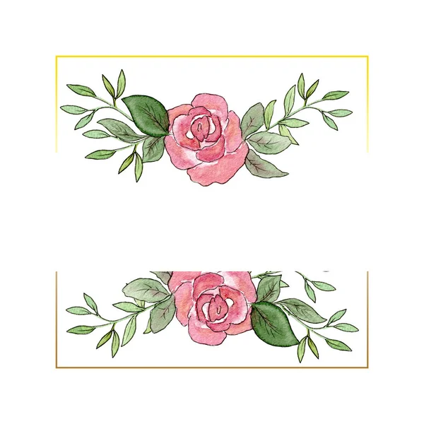 水彩画花框明信片有玫瑰花和树枝的邀请卡 空模板 — 图库照片