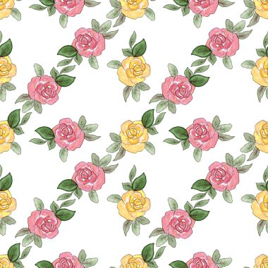 Güllü desen. Gül çiçekleriyle sulu boya deseni. Beyaz arka planda karalama tarzında sarı ve pembe çiçekler. Tekstil için Yazdır