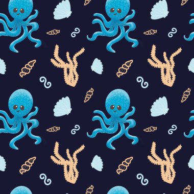 Ahtapot ve deniz kabuklarıyla kusursuz desen. Yosun. Grafik çizimi. Şirin bir ahtapot desenli ve gülümseyen. Giysiler ve defterler için çocuk tasarımı. Mavi arkaplan