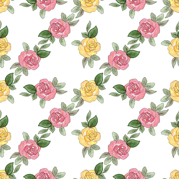 Rózsás Minta Akvarell Zökkenőmentes Minta Rózsa Virágok Sárga Rózsaszín Virágok — Stock Fotó
