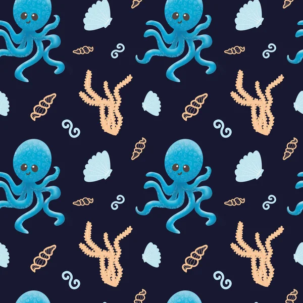 Nahtloses Muster Mit Kraken Und Muscheln Algen Grafische Illustration Muster — Stockfoto