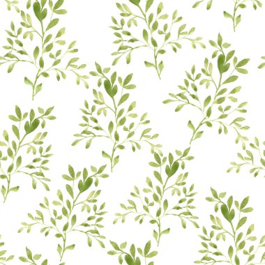 Çiçeksiz desen. Ağaç dalları ile suluboya deseni Beyaz arkaplanda yeşil dallar.