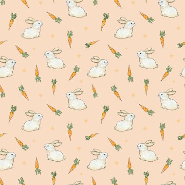 Paskalya tavşanı suluboya. Tavşan, havuç ve yaprakla kusursuz desen