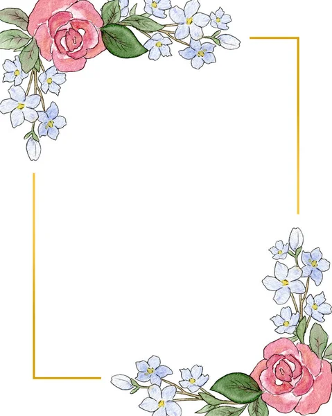 Watercolor Flowering Frame Frame Apple Rose Flowers Blank Greeting Card — Stock Photo, Image