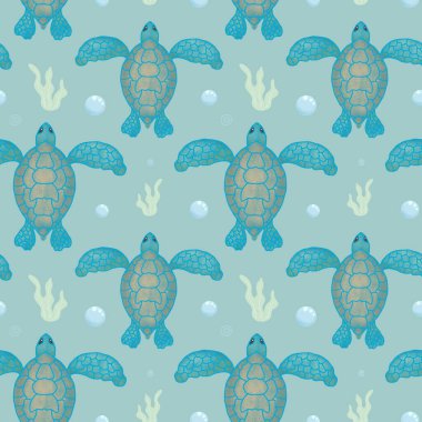 Deniz kaplumbağası. Mavi arka planda deniz kaplumbağası, baloncuk ve yosunlu kusursuz desen. Çocuk kıyafetleri, kırtasiye malzemeleri ve duvar kağıtları için desen. Elle çizilmiş..