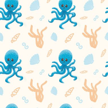 Ahtapot, deniz kabuğu ve yosunlu kusursuz desen. Grafik çizimi. Şirin bir ahtapot desenli ve gülümseyen. Giysiler ve defterler için çocuk tasarımı.