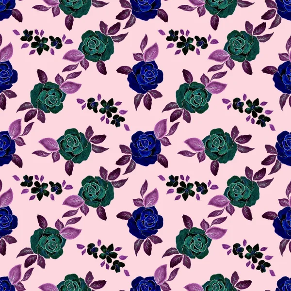 Mönster med rosor. Sömlöst mönster med rosenblommor. Blå gröna blommor i klotter stil på en rosa bakgrund. Tryck för textil, papper, omslag. — Stockfoto