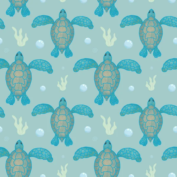 海龟。无缝隙图案，蓝底上有海龟、气泡和海藻。儿童服装、文具和墙纸的式样。手绘的. — 图库照片