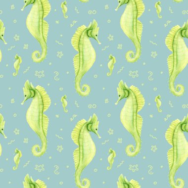 Deniz atı. Mavi arka planda deniz atı olan dikişsiz suluboya deseni. Su altı dünyası. Kumaş ve kırtasiye için tasarım. Vahşi deniz yaşamı.