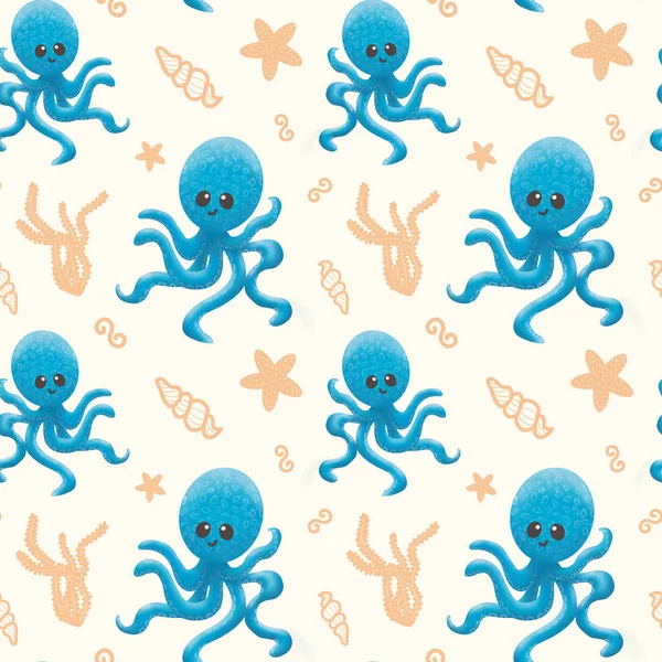 Bezešvé vzory s chobotnicí a mušlemi. Grafická ilustrace. Vzor s roztomilou chobotnicí s úsměvem. Dětský design oblečení, zápisníky. Mořská hvězda a mořské řasy. — Stock fotografie