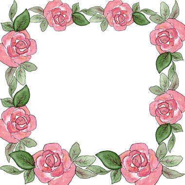 Gül. Gül çiçekleriyle suluboya kare çerçeve. Boş şablon, kartpostal, tatil davetiyesi.