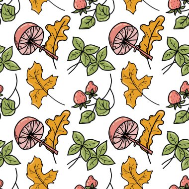 Mantar ve yabanmersini. Mantarlı ve yabani çilekli dikişsiz sonbahar şablonu. Sonbahar yaprakları. Çizim illüstrasyonu.