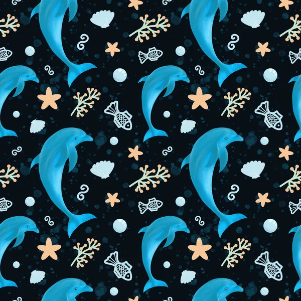 Dolphin Seamless Pattern Dolphin Sea Vegetation Fish Starfish Design Children — Stock Photo, Image