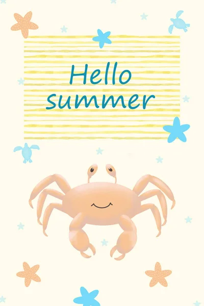 Marint sommarkort med havsdjur. Hej sommar. Vykort med krabba. — Stockfoto