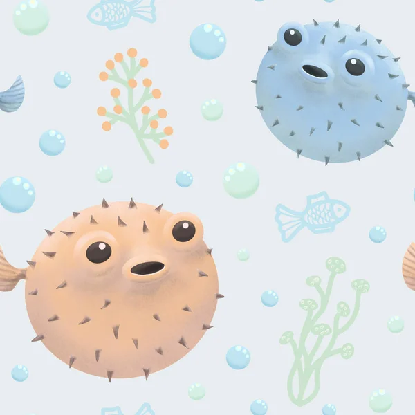 Igelfische. Nahtloses Muster mit Igelfischen, Wasserblasen und Korallen. Design für Kinderdrucke, Schreibwaren, Textilien. — Stockfoto
