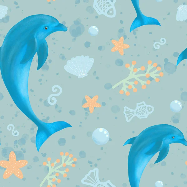 Delphin. Nahtloses Muster mit Delfin- und Meeresvegetation. Fische und Seesterne. Design für Kindertextilien, Schreibwaren. — Stockfoto