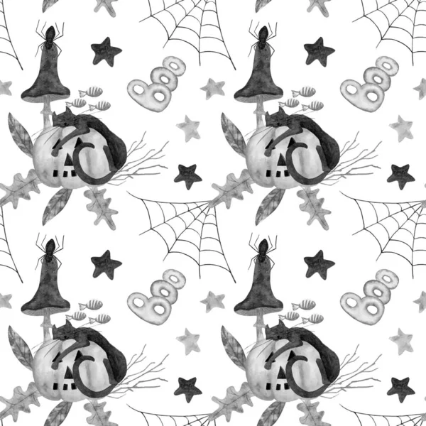 Хэллоуинский акварельный узор со спящей кошкой на тыкве в листьях и ветвях деревьев, жабьим грибами и звездами. Детский рисунок для канцелярских товаров, текстиля, упаковочной бумаги. — стоковое фото