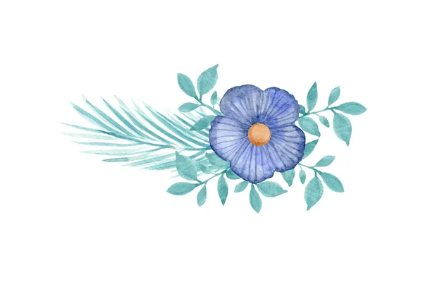 Arrangement de fleurs. Composition aquarelle avec fleur bleue tricotée et feuilles vertes. Bouquet isolé sur fond blanc. Conception de cartes postales, bannières, invitations et autocollants. — Photo