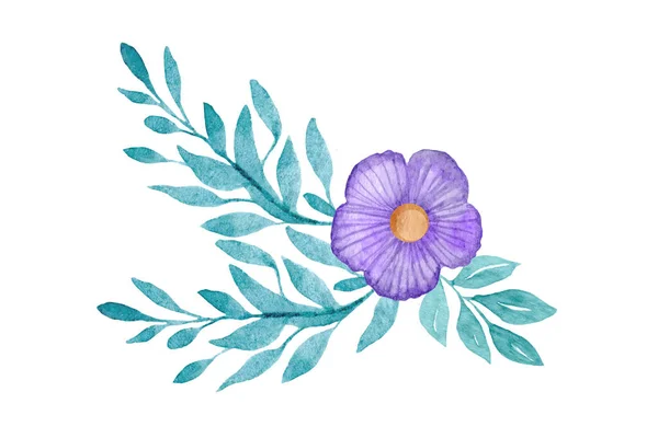 フラワーアレンジメント。ニット紫の花と緑の葉で水の色の組成。白い背景に隔離された花束。ポストカード、バナー、招待状、ステッカーのデザイン. — ストック写真