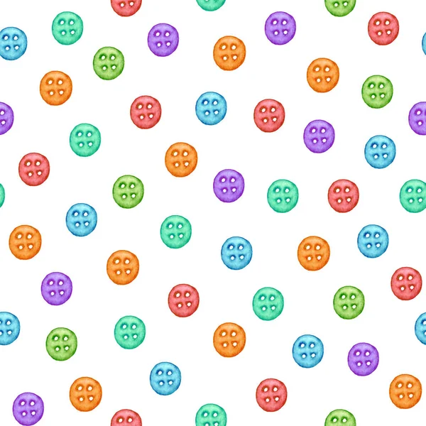 Sewing buttons. Watercolor seamless pattern with sewing multicolored buttons on white background. Design for textiles, seamstresses, scrapbooking, postcards, website backgrounds, stationery. — Stock Photo, Image