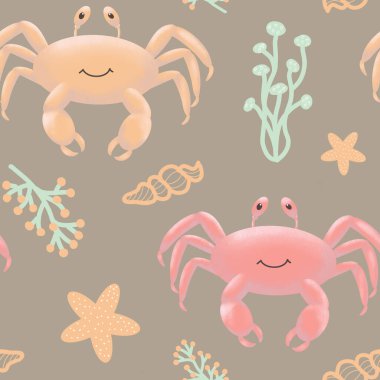 Yengeç, denizyıldızı ve deniz kabuklarıyla kusursuz tropikal desen. Tekstil, kırtasiye, web sayfaları için tasarım.