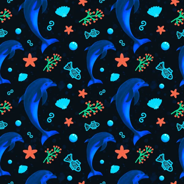 海豚海豚 海豚和海洋植被的无缝图案 鱼和海星儿童用纺织品 文具的设计 — 图库照片