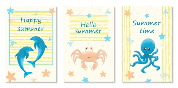 Set Marine Summer Card Sea Animals Hello Summer Summer Time — Stock Photo, Image
