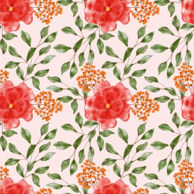 Gül çiçekleri, yapraklar ve böğürtlenlerle kusursuz desen. Güllü çiçek arkaplanı. Çiçekler elle çizilir. Duvar kağıdı, tekstil ve kırtasiye için resim pembe arka planda güller.