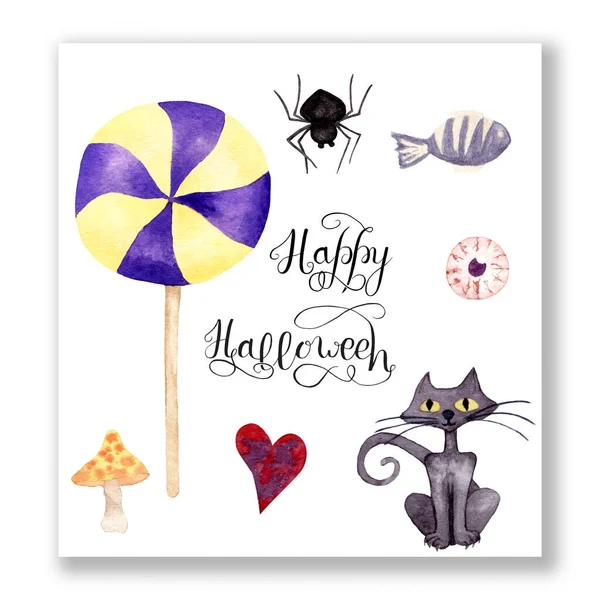 Halloween Watercolor Halloween Collection Cat Spider Candy Eye — Foto Stock