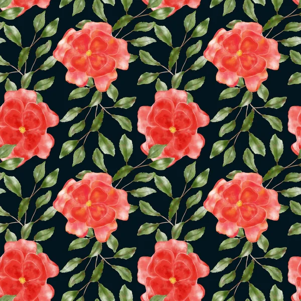 Απρόσκοπτη μοτίβο με τριανταφυλλιές και φύλλα. Floral φόντο με τριαντάφυλλα. Τα λουλούδια ζωγραφίζονται με το χέρι. Εικονογράφηση για ταπετσαρία, υφάσματα και γραφική ύλη. — Φωτογραφία Αρχείου