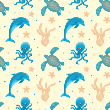 Deniz hayvanları. Deniz hayvanlarında kusursuz desen. Yunus, ahtapot ve deniz yıldızlı kaplumbağa. Kumaş ve kırtasiye için çocuk deseni.