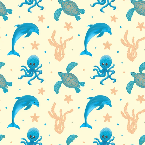 Sea animals. Seamless pattern with sea animals. Dolphin, octopus and turtle with algae and starfish. Childrens pattern for fabric and stationery. — Fotografia de Stock