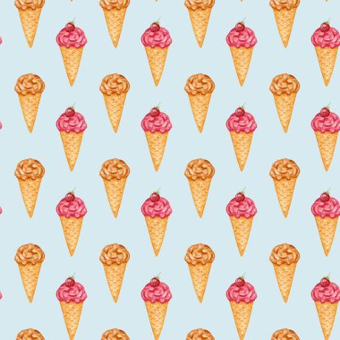 - Dondurma. Konik çıtır waffle 'da dondurmayla suluboya kusursuz desen. Çilekli dondurma. Yaz tatlısı. El çizimi suluboya çizimi. Tatlı ve tekstil paketleme için tasarım.