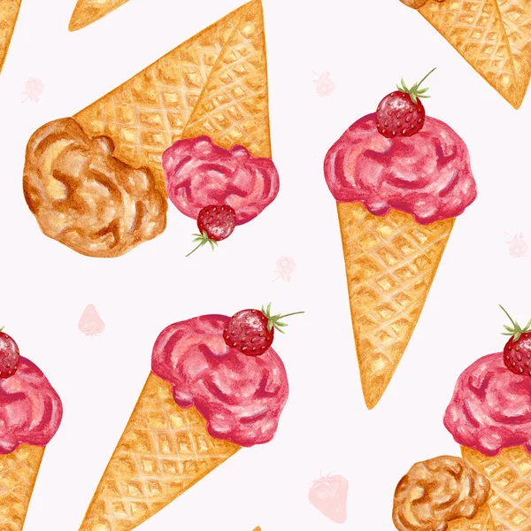Ice cream. Watercolor seamless pattern with ice cream in a conical crispy waffle. Strawberry ice cream. Summer dessert. Hand drawn watercolor illustration. Design for packing desserts, textiles. — Stockfoto