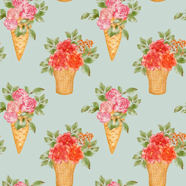 Ice cream waffle cone with floral bouquet. Ice cream. Watercolor seamless pattern with a bouquet of roses in a conical crispy waffle. Hand drawn watercolor illustration. Design for packing desserts. — Stockfoto