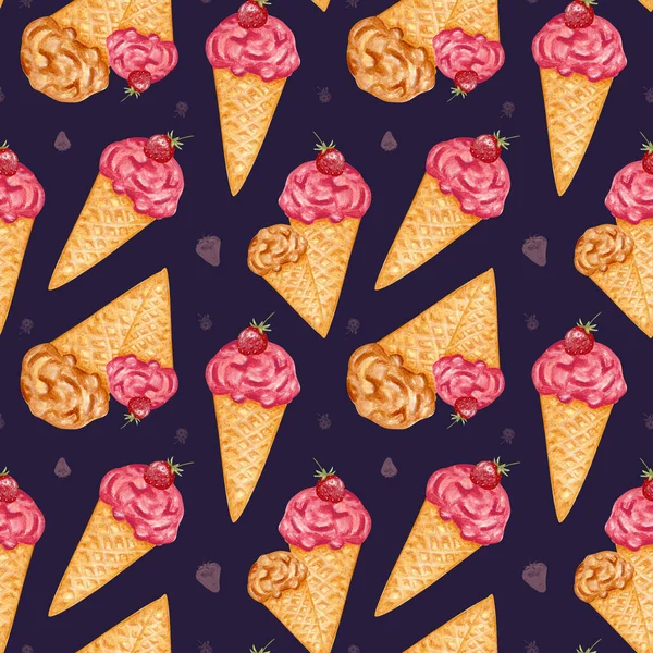 Ice cream. Watercolor seamless pattern with ice cream in a conical crispy waffle. Strawberry ice cream. Summer dessert. Hand drawn watercolor illustration. Design for packing desserts, textiles. — Zdjęcie stockowe