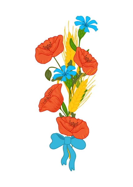 Flower Bouquet of Meadow Flowers. Composition of Poppy and Cornflower Flowers, Spikelets of Wheat. Gift Flowers for Women. — Vector de stock