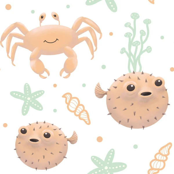 Sea animals. Seamless pattern with sea animals. Crab and hedgehog fish with seaweed and starfish. Childrens pattern for fabric and stationery.