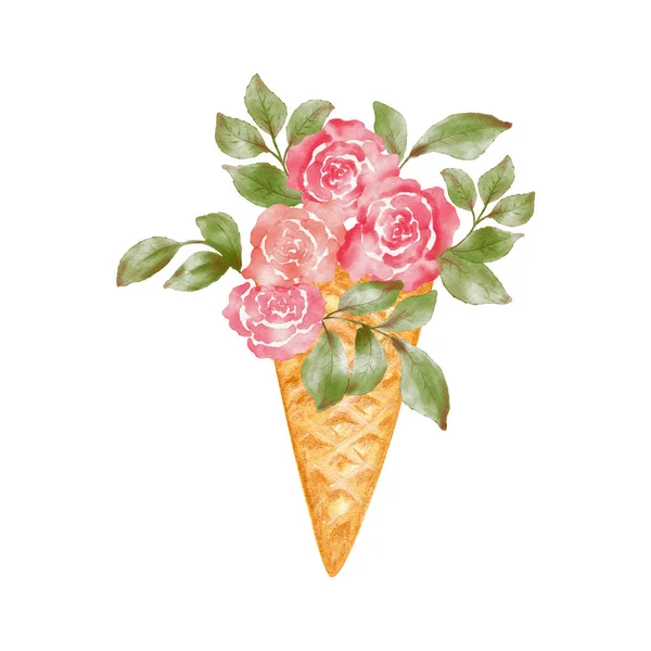 Конус вафельного мороженого с цветочным букетом. Акварельная композиция цветов в вафельной чашке. Открытка, баннер с розами. — стоковое фото
