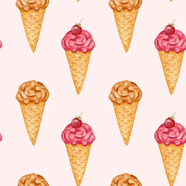 Ice cream. Watercolor seamless pattern with ice cream in a conical crispy waffle. Strawberry ice cream. Summer dessert. Hand drawn watercolor illustration. Design for packing desserts, textiles. — Zdjęcie stockowe