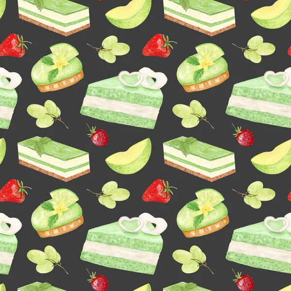 Kuchen mit Sahne. Aquarell nahtloses Muster mit Minzkuchen und Mini-Törtchen. Trauben und Erdbeeren mit einer Apfelscheibe. Dessert mit Keks. — Stockfoto