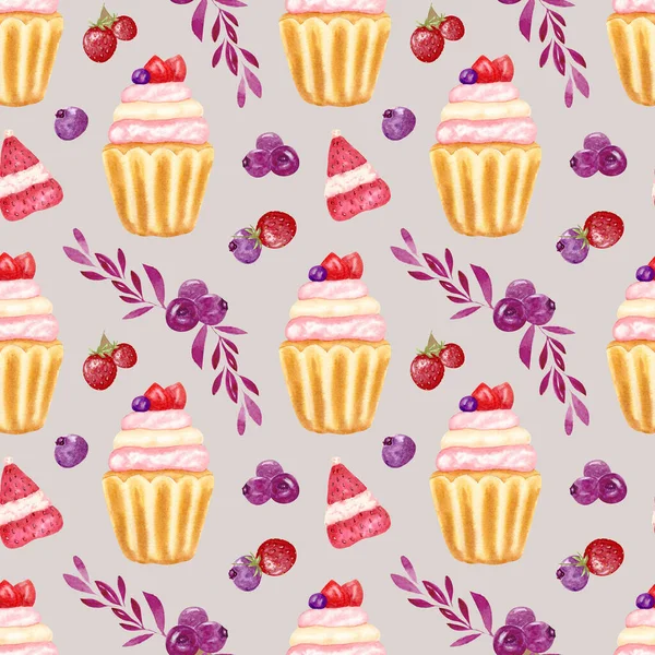 Akvarell Zökkenőmentes Minta Muffinnal Akvarell Kézfestés Gyümölcsös Süteményekkel Kézzel Rajzolt — Stock Fotó