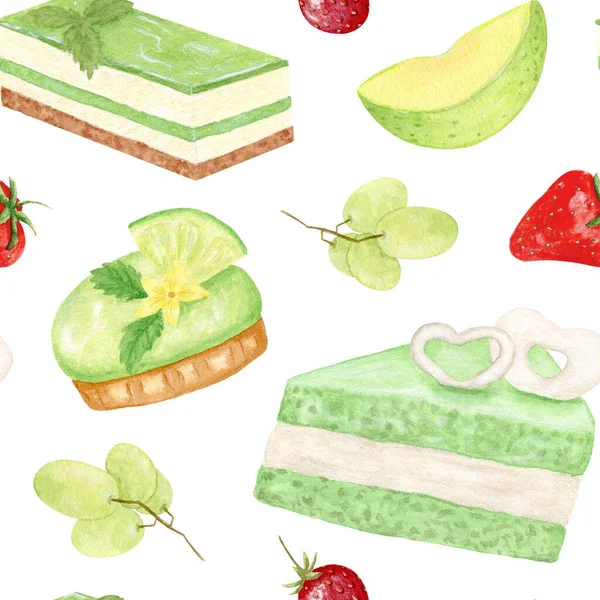 Gâteau Crème Motif Sans Couture Aquarelle Avec Gâteau Menthe Mini — Photo