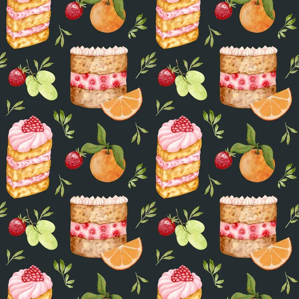 Watercolor Seamless Pattern Raspberry Cherry Cake Патерн Orange Grape Citrus — стокове фото