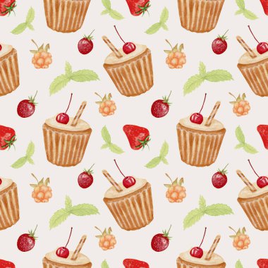 Keklerle suluboya kusursuz desen. Meyveli keklerle suluboya el resmi. El çizimi suluboya çizimi. Tatlılar. Tatlı arkaplan kumaş tekstil veya menü duvar kağıdı için mükemmel.