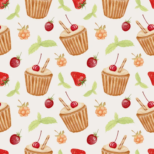 Akvarell Zökkenőmentes Minta Muffinnal Akvarell Kézfestés Gyümölcsös Süteményekkel Kézzel Rajzolt — Stock Fotó