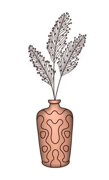Home or office plant for decoration. The leaves in the vase are drawn by hand. Icon. Decorative flowerpot isolated on white background. Home plant in flowerpot