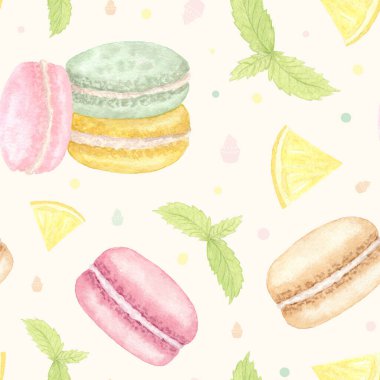 Makaronlu suluboya desenli. Naneli makarna ve bir dilim limon ve bir Nokta. Menü, Tatlı Paketleme ve Albüm için hassas tasarım. Fransız tatlısı